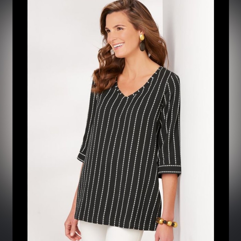 Soft Surroundings Raya Cotton Striped Tunic Size XL Black White 3/4 Sleeve